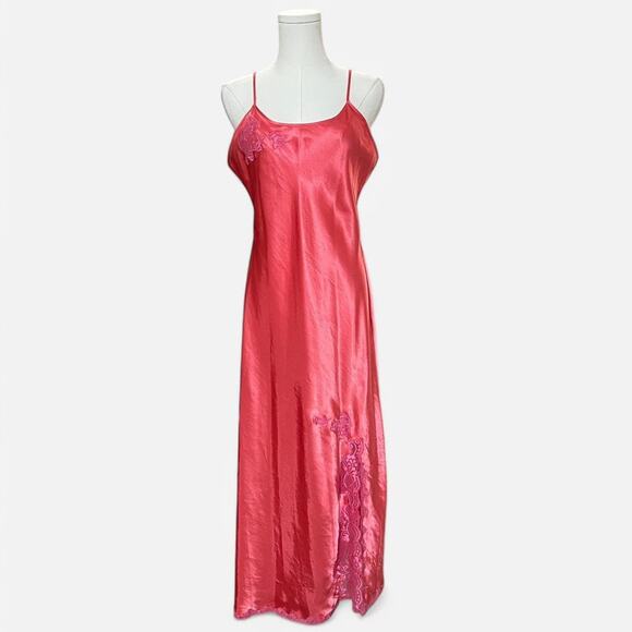 VTG Y2K Chanteuse Bright Coral & Hot Pink Floral Lace Satin Maxi Slip Dress M - Picture 4 of 7